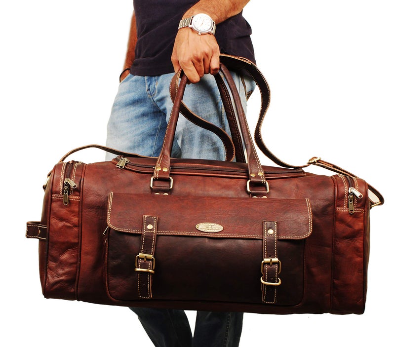 HULSH Menâ€™s Gym Sports Overnight Weekender Bag Leather Travel Bags For Men Vintage Leather Duffle Bag Women Carry On Travel Holdall Bag 24 Inches (24 Inch) - Image 4